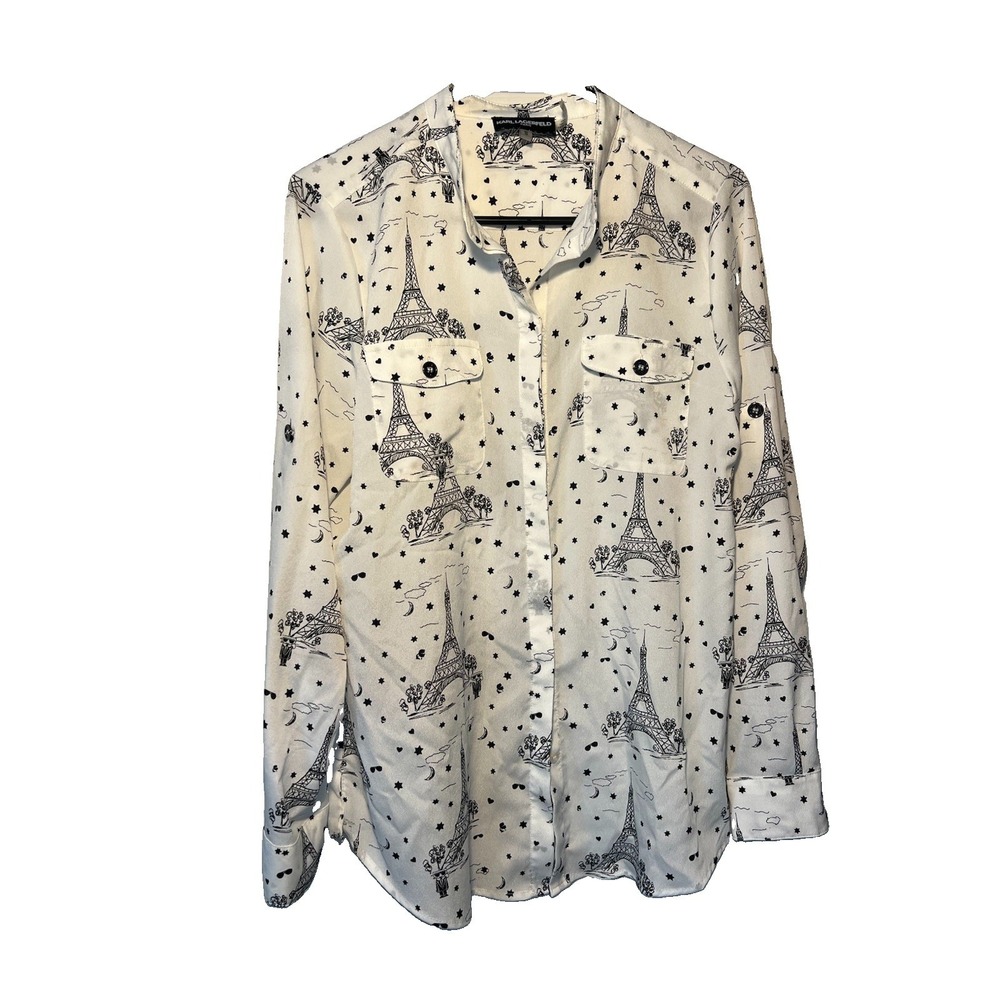 Karl Lagerfeld Womens White Eiffel Tower Print Long Sleeve Blouse Top Size Med